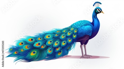   a peacock with its vibrant blue feathers spread out on a white background, creating a beautiful contrast between the two colors The peacock's feathers are a mix of blues, greens