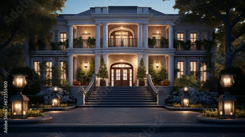 The front entry to a beautiful mansion with interiors illuminated, taken ad dusk 8k, © Creative artist1