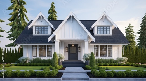The front view of a new construction cottage craftsman style white house with a triple pitched roof with a sidewalk, landscaping and curb appeal. 8k, photo