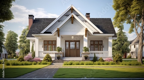 The front view of a new construction cottage craftsman style white house with a triple pitched roof with a sidewalk, landscaping and curb appeal. 8k, © Creative artist1
