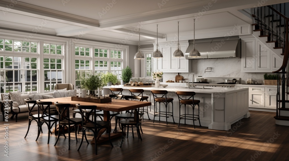The interior design of a beautiful kitchen with a large island