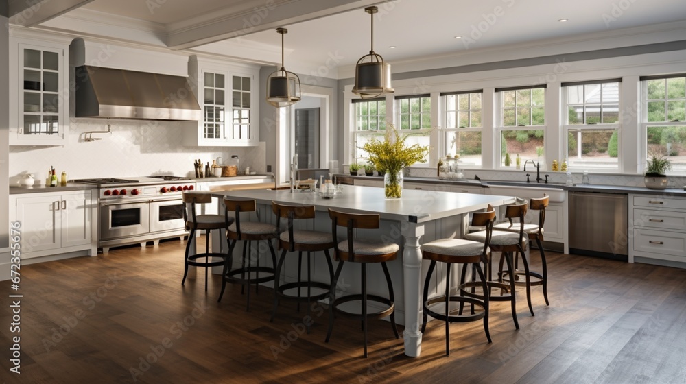 The interior design of a beautiful kitchen with a large island