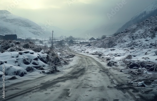 An icy snow covered road after a blizzard. Great for stories of winter, disaster, adventure, weather, climate change and more. 