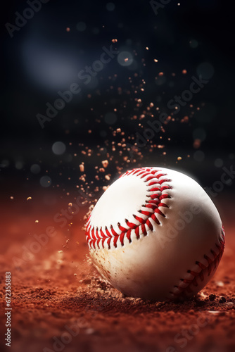 A close up of Ball of baseball on the playing field, Baseball Stadium, cinematic, blurred background with copy space photo