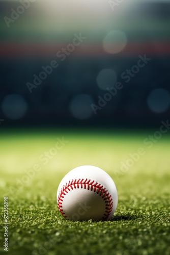 A close up of Ball of baseball on the fresh green grass lawn of the playing field, Baseball Stadium, cinematic, blurred background with copy space