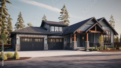 The side view of a large gray craftsman new construction house with a landscaped yard a three car garage and driveway. 8k,