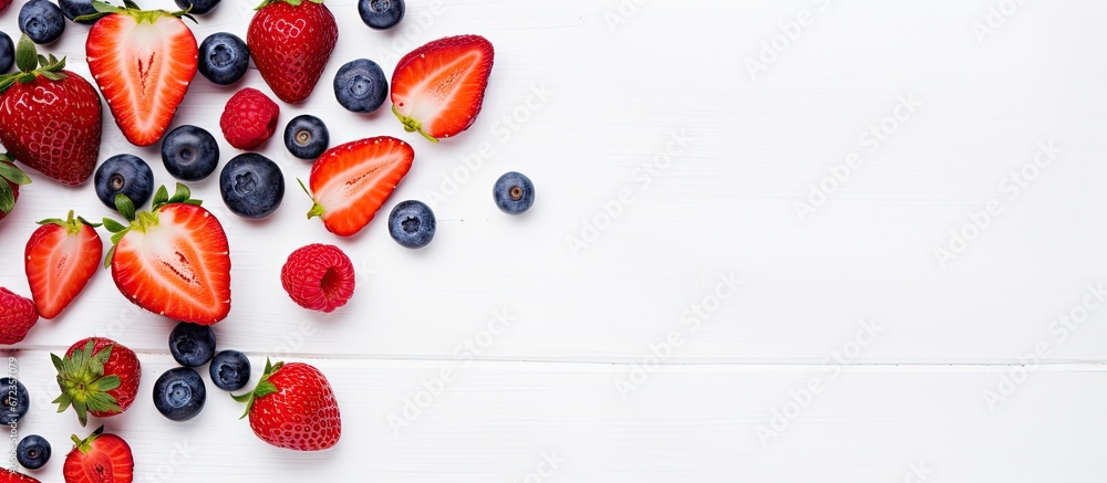 Above view of a delectable and nourishing assortment of strawberries topped with cream and accompanied by blueberries A visually appealing composition presented in a flat lay style Suitable Above view of a delectable and nourishing assortment of strawberries topped with cream and accompanied by blueberries A visually appealing composition presented in a flat lay style Suitable