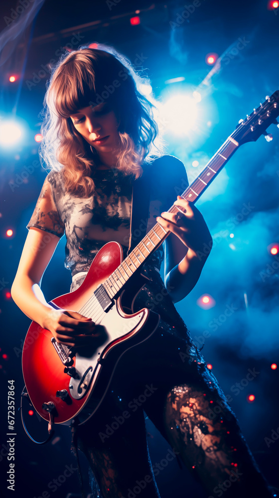 Female musician or performer, on stage playing her guitar and singing at a rock or pop concert. Shallow field of view. - obrazy, fototapety, plakaty 