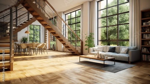 Two-floor apartment with spacious living room with wooden stairs, hardwood floor and many, big windows 8k, © Creative artist1