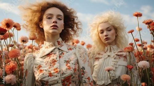 Fashion runway in a blooming meadow, with models wearing floral-inspired avant-garde outfits