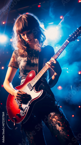Female musician or performer, on stage playing her guitar and singing at a rock or pop concert. Shallow field of view. © henjon