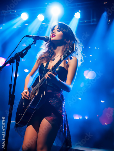 Female musician or performer, on stage playing her guitar and singing at a rock or pop concert. Shallow field of view.