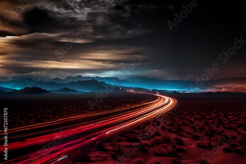 Long exposure photo from a highway in a deserted desert. - Generative AI