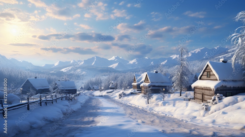 Two-storey cottage. Snow-covered paths in the cottage village. Private houses on the background of mountains. Houses on the background of the sky with clouds. Winter in the cottage village. 8k,