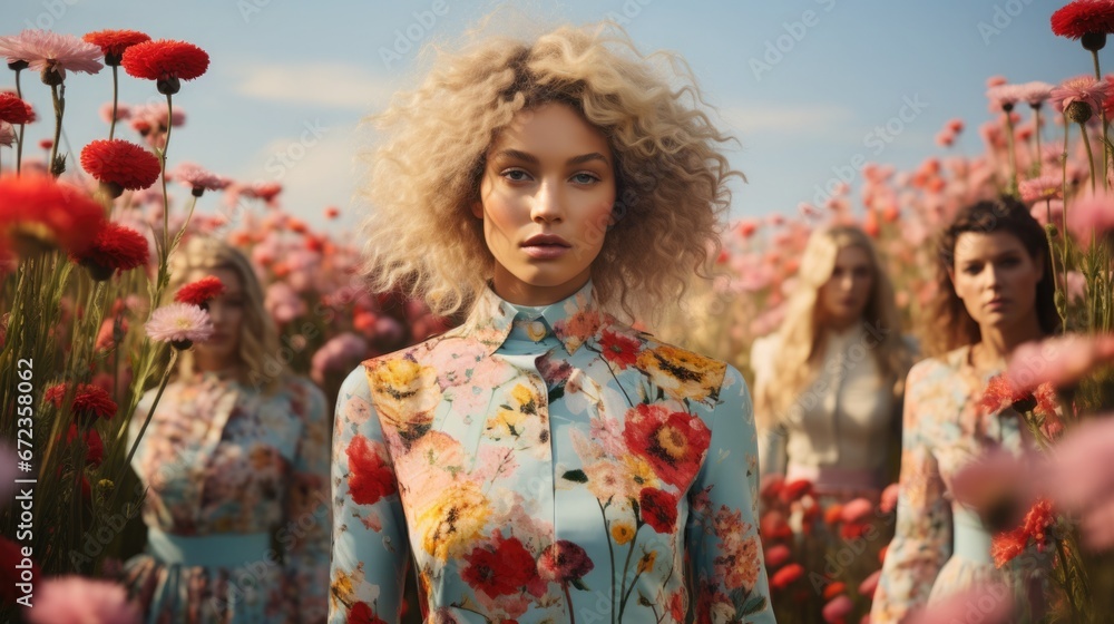 Fashion runway in a blooming meadow, with models wearing floral-inspired avant-garde outfits