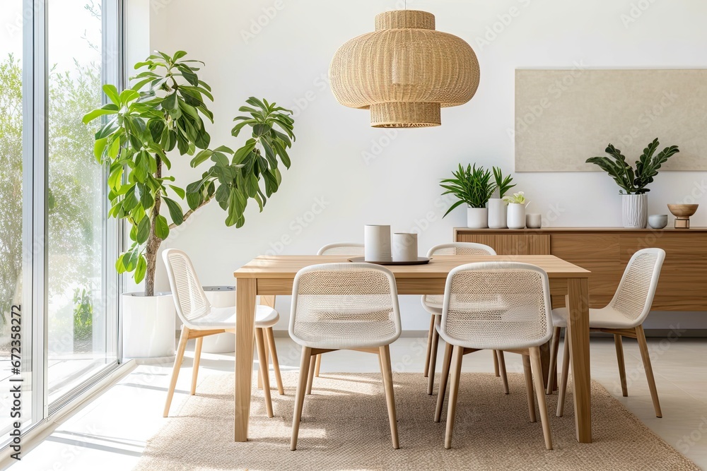 Obraz na płótnie Bright and stylish Scandinavian style dining room with wooden furniture, green plants and natural decorative elements. w salonie