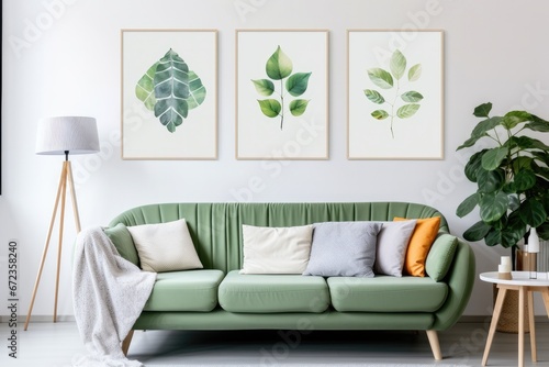 Modern and stylish interior design: bright and elegant living room with green accents, wooden furniture and art on the walls.