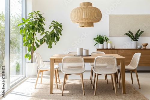 Bright and stylish Scandinavian style dining room with wooden furniture, green plants and natural decorative elements.