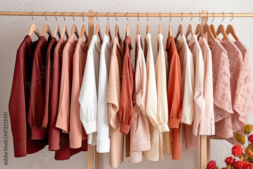 A bright, modern clothing rack with a variety of stylish garments in a home dressing room......