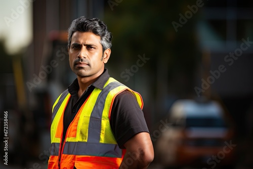 Confident and happy Indian engineer working on a construction site in an urban environment.