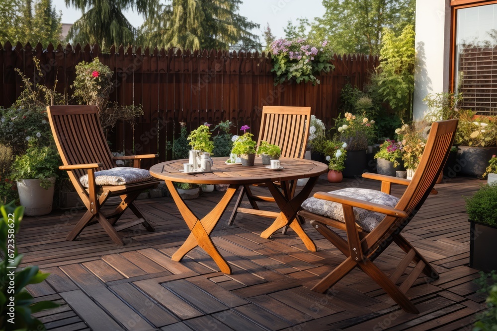 The outdoor patio with wooden furniture including table and chairs, surrounded by greenery and nature, creates a cozy and relaxing space to relax.