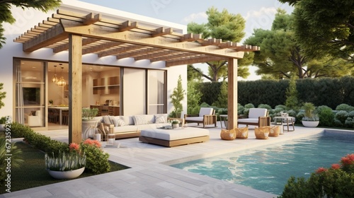 View from landscaped back yard of unoccupied patio with pergola, outdoor furniture, swimming pool, and modern home with tile roof. 8k, © Creative artist1