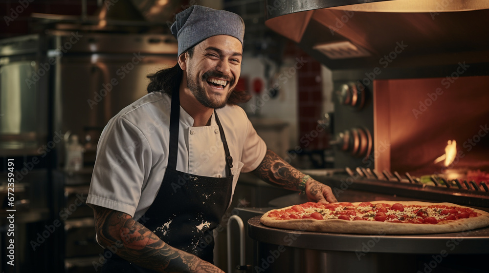 A man with chef hat smiling and holding pizza A man with chef hat smiling and holding pizza