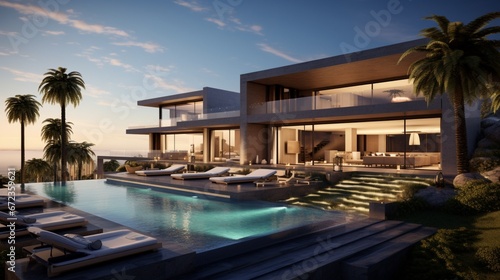 View from outside of enormous modern villa 8k,