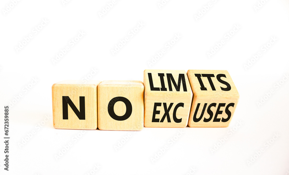 No excuses limits symbol. Concept words No excuses No limits on wooden block. Beautiful white table white background. Business motivational no excuses limits concept. Copy space. No excuses limits symbol. Concept words No excuses No limits on wooden block. Beautiful white table white background. Business motivational no excuses limits concept. Copy space.