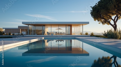 View of swimming pool in front of a modern house against clear sky 8k, © Creative artist1