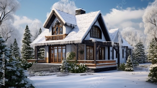 villa cottage two-storey country house for holidays in the winter season, roofing tile roof 8k, © Creative artist1