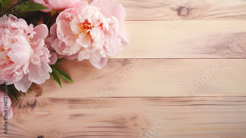  pink peonies on a wooden table with green leaves. generative ai