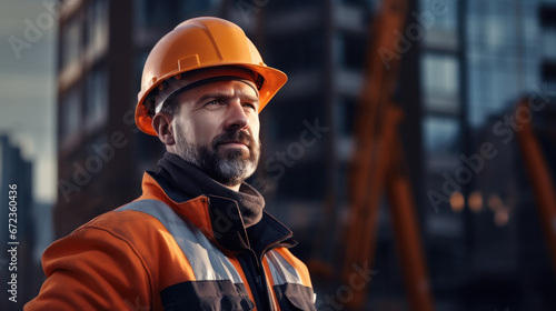 Portrait of construction site manager worker wearing safety vest and orange helmet. Young adult architect man watching construction site with confidence and looking at camera. Builder engineer work.