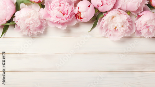  a bunch of pink peonies on a white wooden background.  generative ai © Shanti