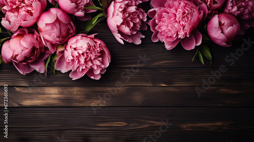  a bunch of pink peonies on a wooden surface.  generative ai © Shanti