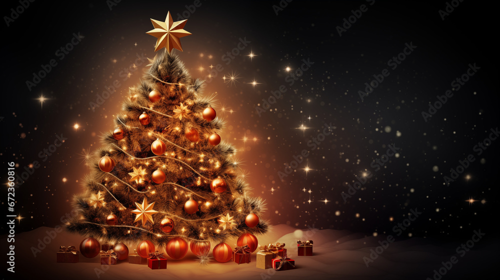 Tło świąteczne na życzenia z ozdobioną choinką i z prezentami na Święta Bożego Narodzenia. Ciemne kolory
