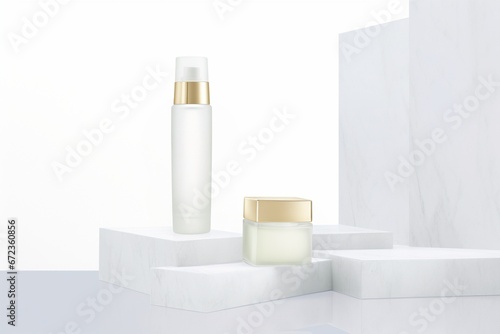 Visual Perfection  Advertising Photography Excellence as Mock-Up Products Shine on White Countertops with Gold Cosmetics  Minimalist Elegance  and Foggy Brightness
