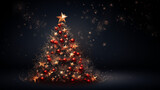 Tło świąteczne na życzenia z ozdobioną choinką i z prezentami na Święta Bożego Narodzenia. Granatowa tapeta