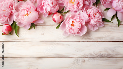  a bunch of pink peonies on a white wooden background.  generative ai © Shanti