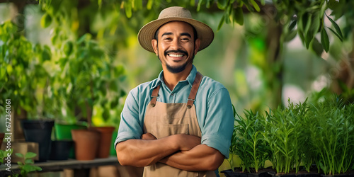 Latino gardener smiling at camera, plant shop on blurred background