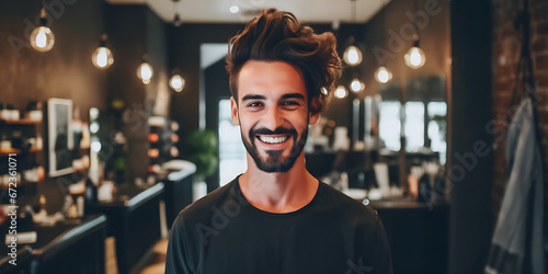 Stylist smiling at camera, blurred workplace photo