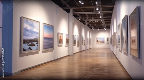 Portrait exhibition room of the art gallery in wall. AI generated image