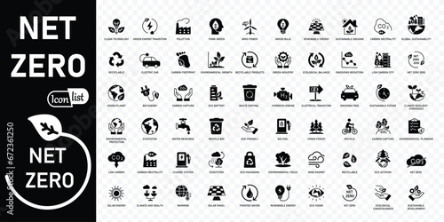 Net zero  icon set .Green energy, CO2 neutral, gas emissions, climate, ecology, collection. Vector illustration. Editable stroke	
