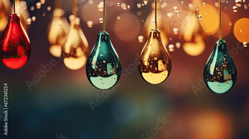  a group of light bulbs hanging from a line with raindrops hanging off of it's sides in front of a boke of a blurry background.  generative ai