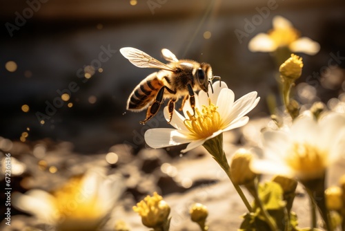 Golden-hour honey bee hovering over white bloom, sunlight off its wings and bokeh background. © olga_demina