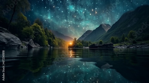 Glare on the water through the star filter.Generative AI © shuvodesign