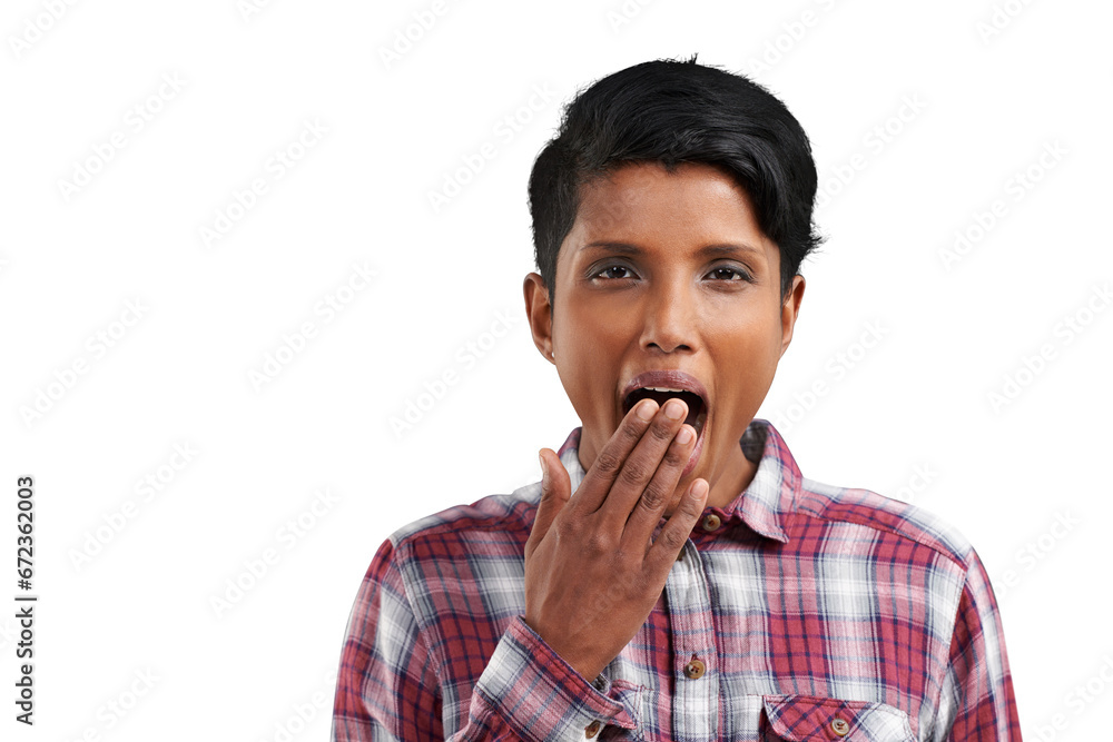 Portrait, yawn and woman tired, fatigue and exhausted burnout on transparent, png background. Insomnia problem, sleepy and face of bored Indian person with low energy, sleepless and cover mouth Portrait, yawn and woman tired, fatigue and exhausted burnout on transparent, png background. Insomnia problem, sleepy and face of bored Indian person with low energy, sleepless and cover mouth