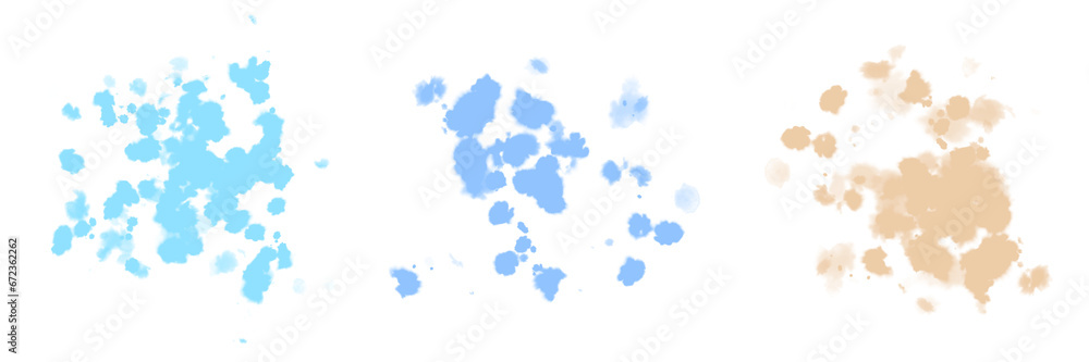 Obraz premium Blue and Beige Watercolor Stains. Delicate Abstract Watercolor Splatter. Pastel Blue, Ice Blue and Light Gold Paint Stains. No Background. Irregular Stains and Splatter Print. Paint Splash.