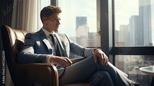 Young business man, dressed in elegant suit, sitting on the chair in a luxurious apartment.