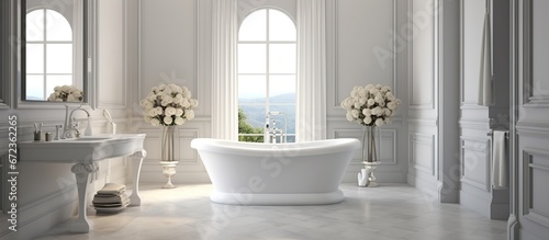 Interior design white bathroom, White tub and white marble. AI generated image